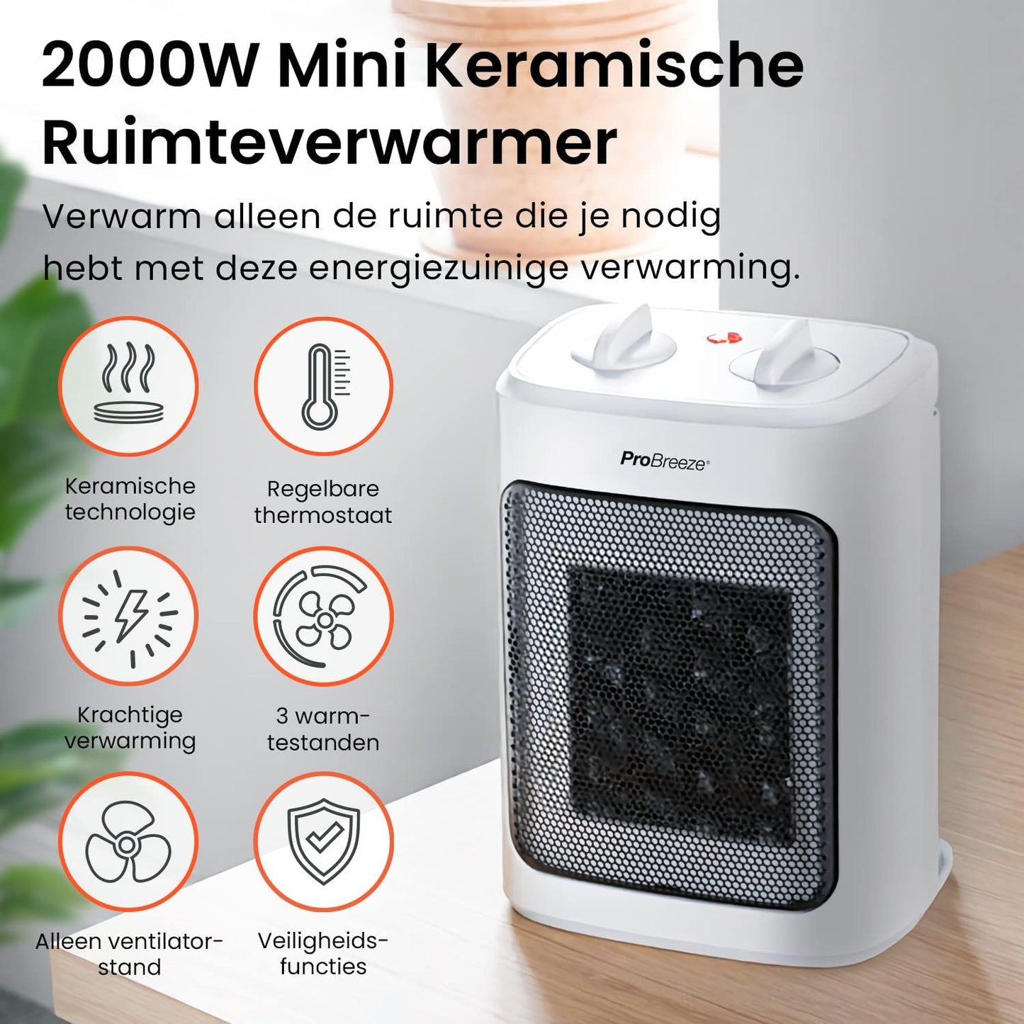 Pro Breeze Keramische Ventilatorkachel 2000W – Elektrische Verwarming met Automatische Oscillatie, Overhittingbescherming en 3 Warmtestanden - Fan Heater - Wit