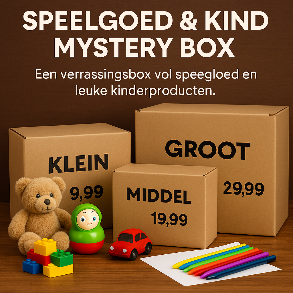 Speelgoed & Kind mystery box met verrassing kinderspeelgoed en leuke kinderproducten, verkrijgbaar in klein (€9,99), middel (€19,99) en groot (€29,99) bij PakDieDeals.nl.