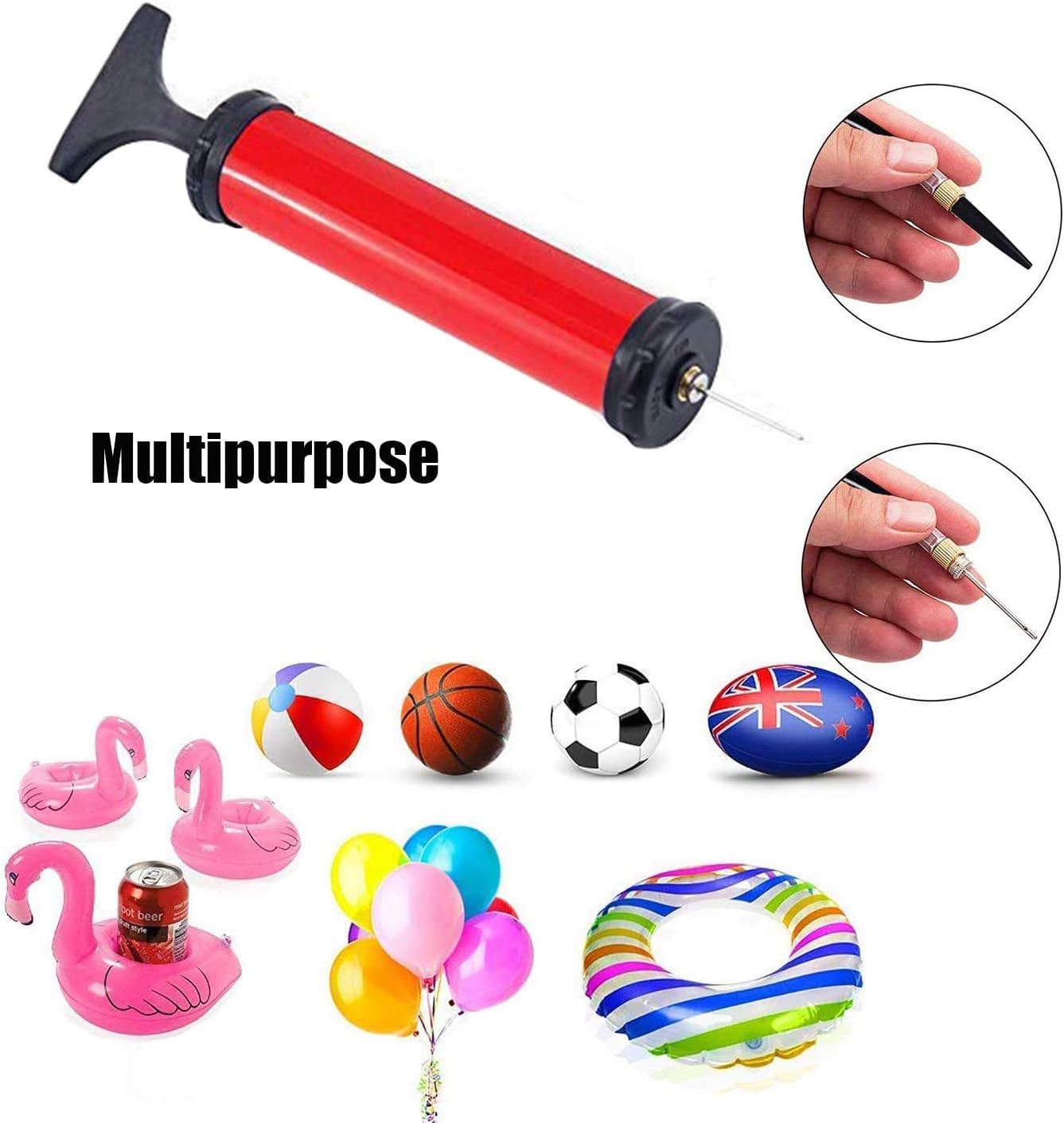 Ballenpomp met 4 ballenpompnaalden, 2 mondstukken en 1 slang voor voetbal, rugbybal, volleybal, basketbal, handbal, ballon, zwemband en andere opblaasbare ballen (rood)