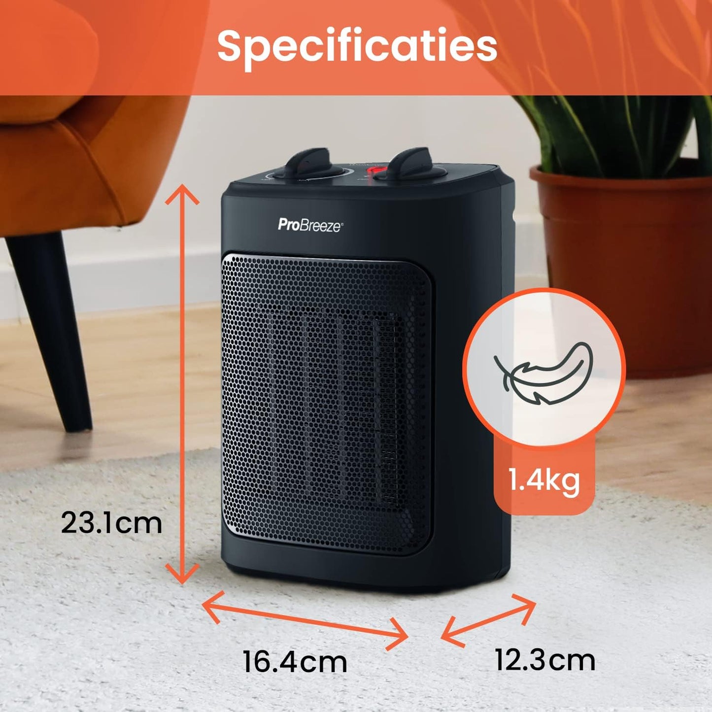 Pro Breeze Keramische Ventilatorkachel 2000W – Elektrische Verwarming met Automatische Oscillatie, Overhittingbescherming en 3 Warmtestanden - Fan Heater - Zwart