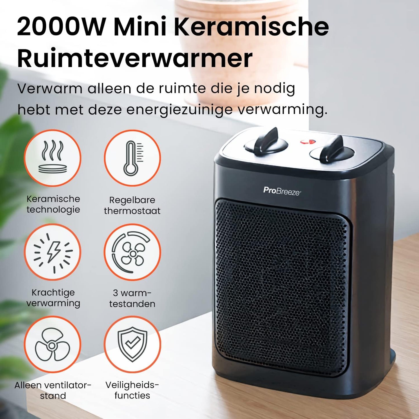 Pro Breeze Keramische Ventilatorkachel 2000W – Elektrische Verwarming met Automatische Oscillatie, Overhittingbescherming en 3 Warmtestanden - Fan Heater - Zwart
