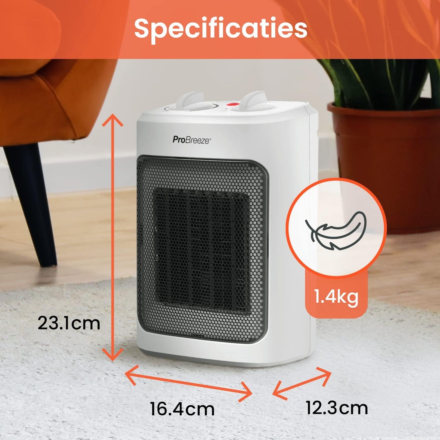 Pro Breeze Keramische Ventilatorkachel 2000W – Elektrische Verwarming met Automatische Oscillatie, Overhittingbescherming en 3 Warmtestanden - Fan Heater - Wit