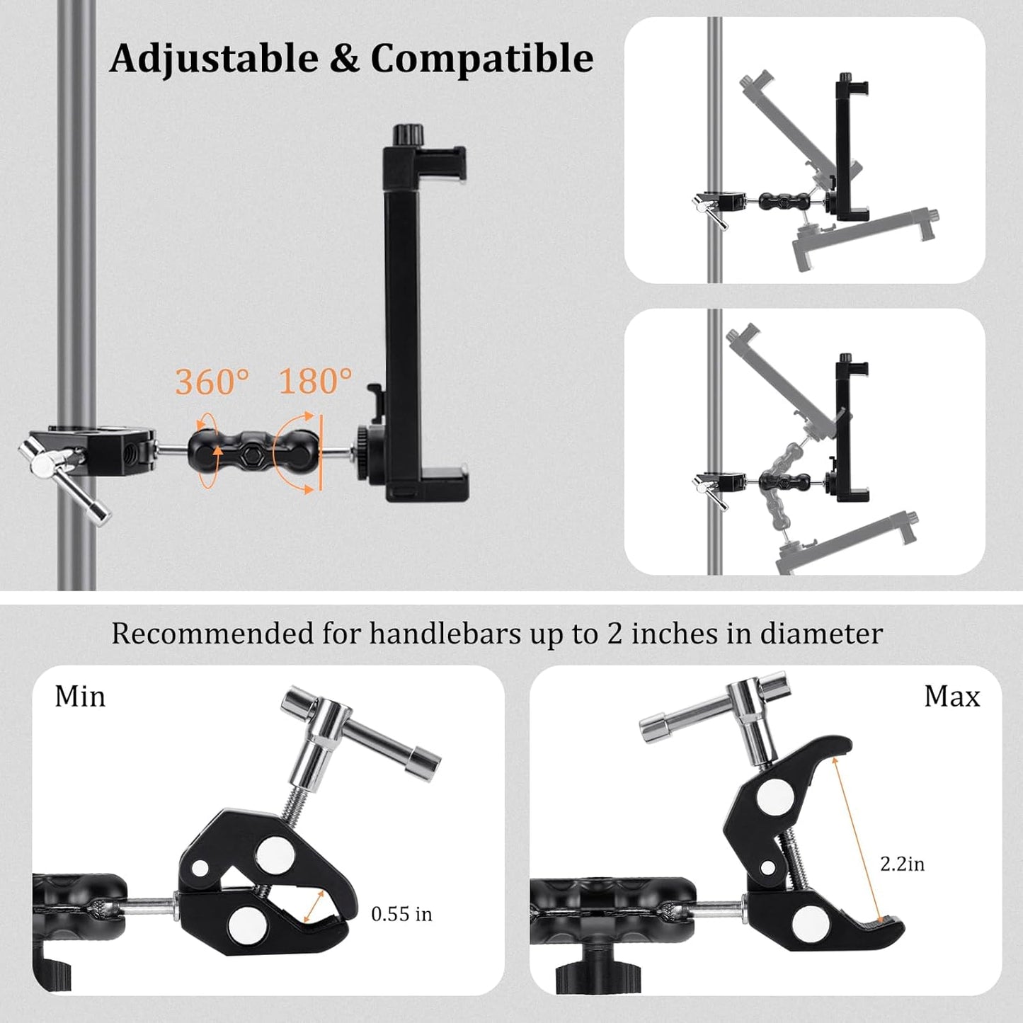 Tablethouder fiets hometrainer, tablethouder voor crosstrainer, ergometer, loopband, fitnessfiets, tablethouder, klem voor iPad Mini, iPad Air, iPad Pro en iPhone 4,7-12,9 inch