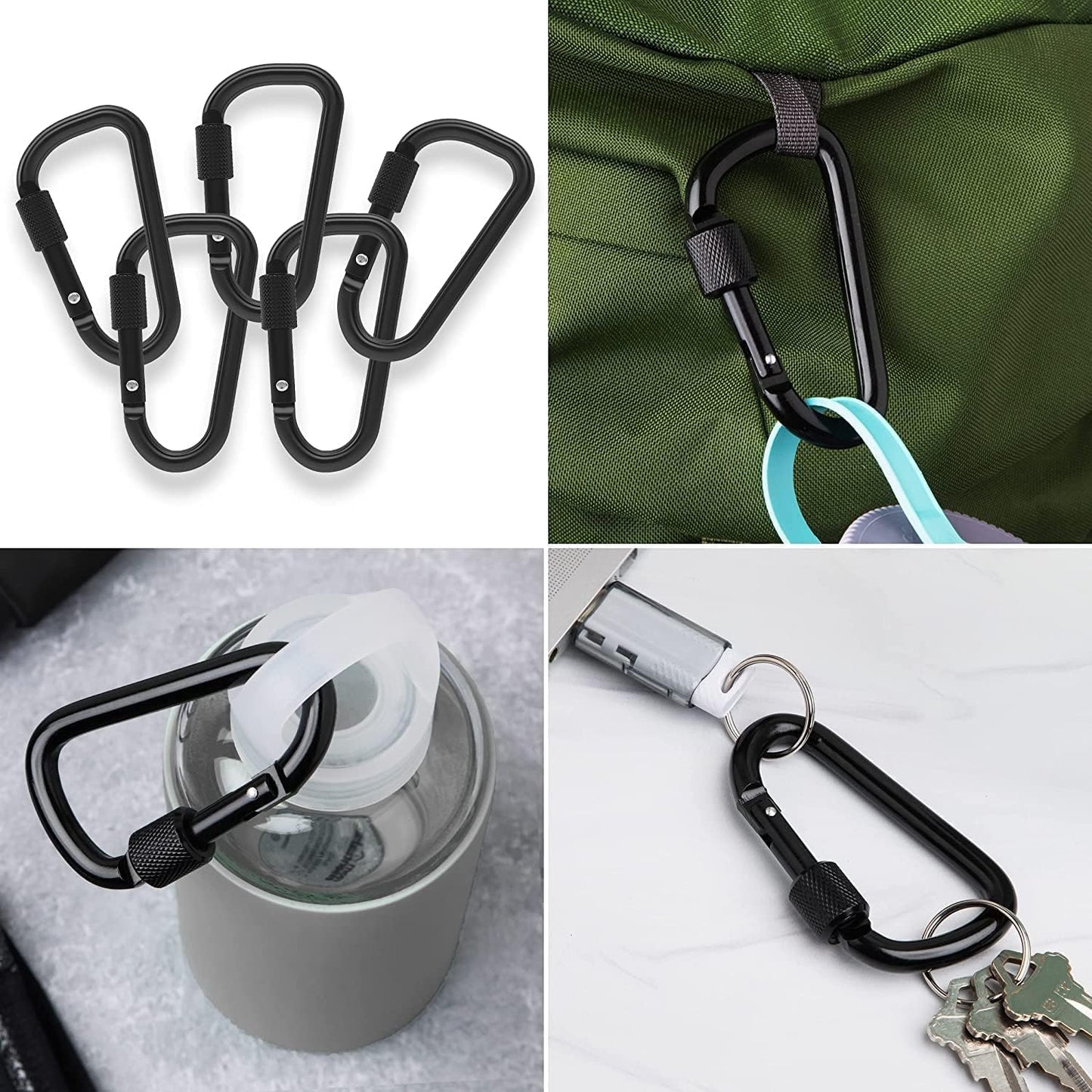 Gold Lion Gear Aluminium karabijnhaak, pack met D-vorm haak, sleutelhangerclip, sleutelhanger met geveerde sluiting, cliphaak met schroefsluiting -Pakket karabijnhaken in verschillende kleuren (zwart, 5 karabijnhaken met vergrendeling)