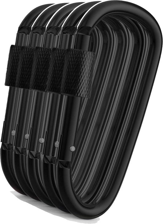Gold Lion Gear Aluminium karabijnhaak, pack met D-vorm haak, sleutelhangerclip, sleutelhanger met geveerde sluiting, cliphaak met schroefsluiting -Pakket karabijnhaken in verschillende kleuren (zwart, 5 karabijnhaken met vergrendeling)