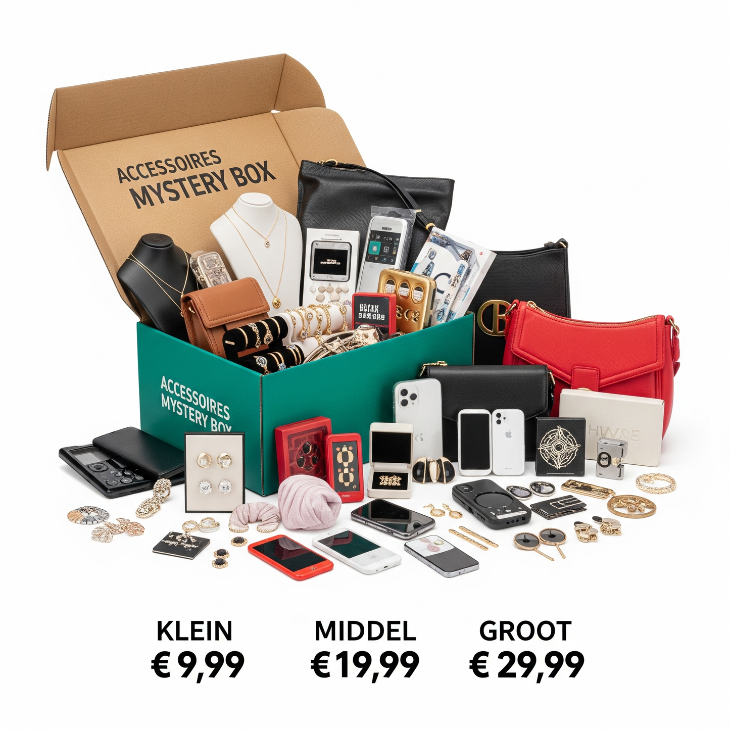 Accessoires mystery box van PakDieDeal gevuld met telefoonhoesjes, sieraden, portemonnees en gadgets, gepresenteerd in een open doos. De afbeelding toont prijzen voor klein (€9,99), middel (€19,99) en groot (€29,99).