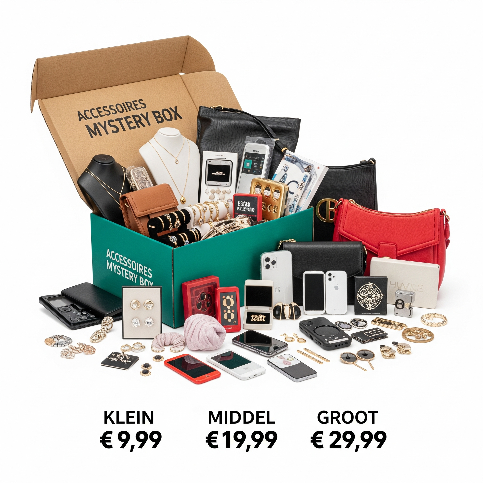 Accessoires mystery box van PakDieDeal gevuld met telefoonhoesjes, sieraden, portemonnees en gadgets, gepresenteerd in een open doos. De afbeelding toont prijzen voor klein (€9,99), middel (€19,99) en groot (€29,99).