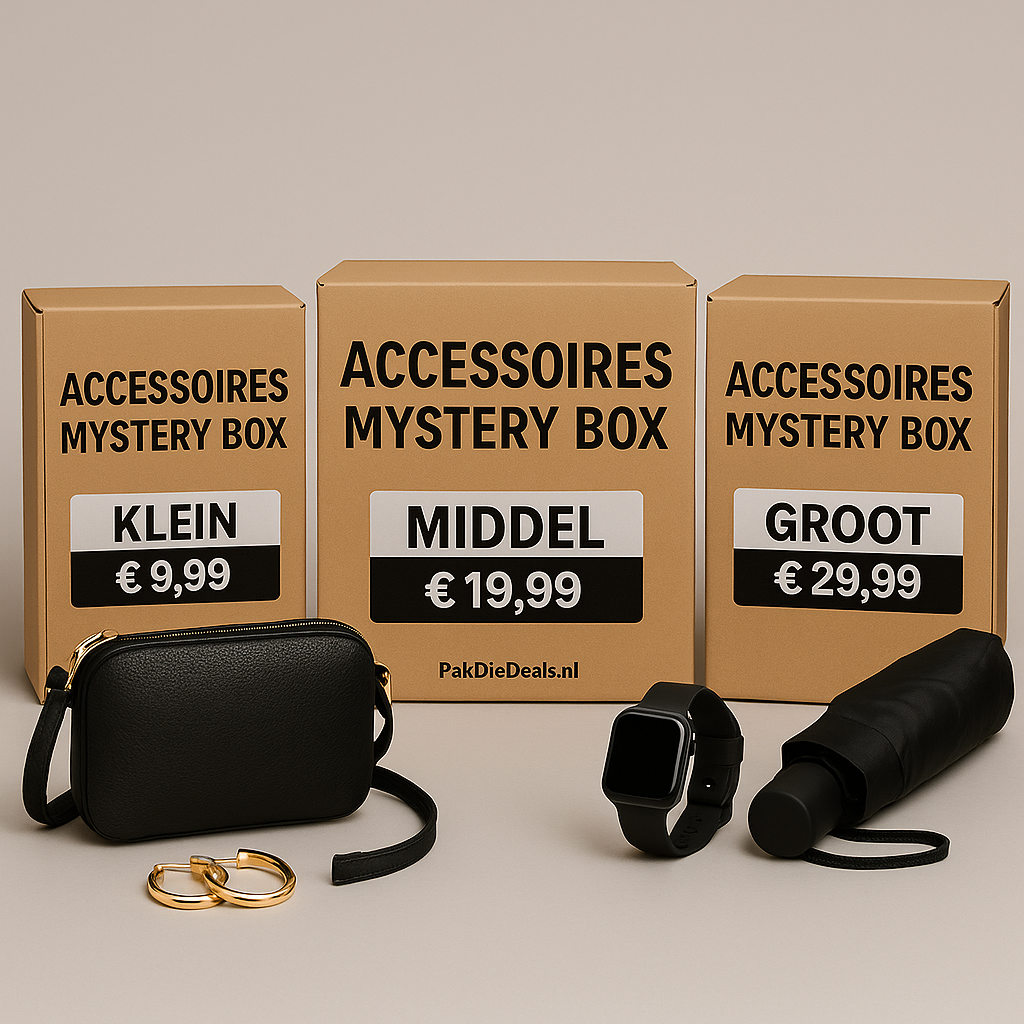 Drie accessoires mystery boxen van PakDieDeals.nl in klein (€9,99), middel (€19,99) en groot (€29,99) formaat, met zwarte tas, smartwatch en zwarte paraplu op de voorgrond.