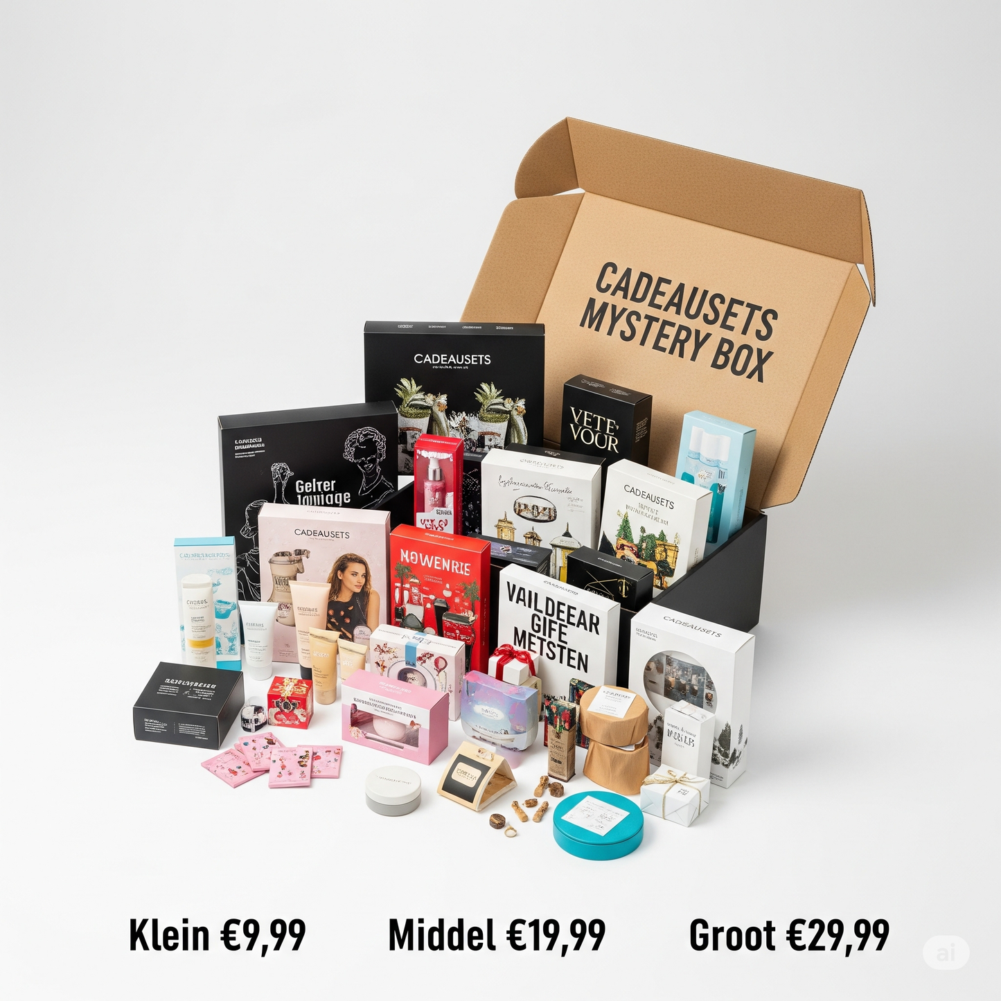 Cadeausets mystery box met verrassende verzorgings- en cadeauproducten, verkrijgbaar in klein (€9,99), middel (€19,99) en groot (€29,99) bij PakDieDeals.nl.