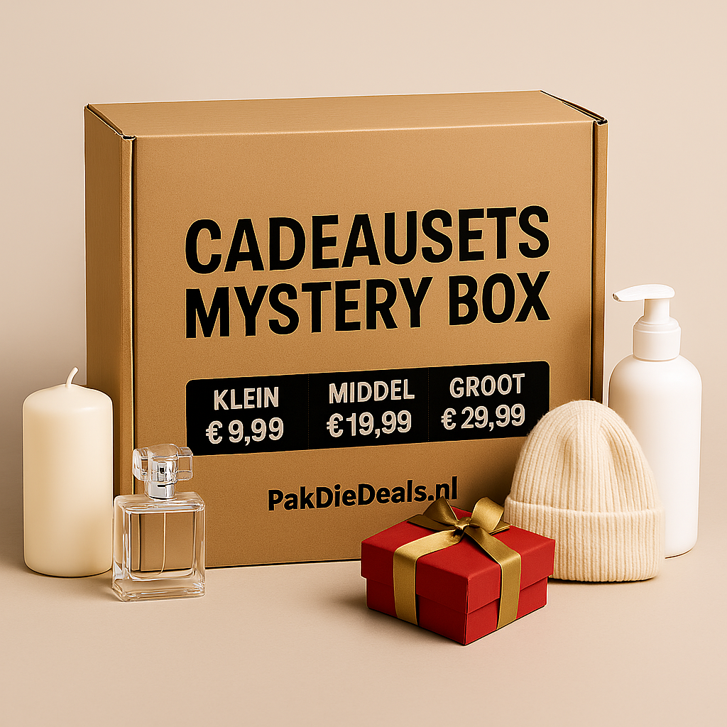 Cadeausets mystery box van PakDieDeals.nl met verzorgingsproducten, cadeauartikelen en accessoires, verkrijgbaar in klein (€9,99), middel (€19,99) en groot (€29,99).