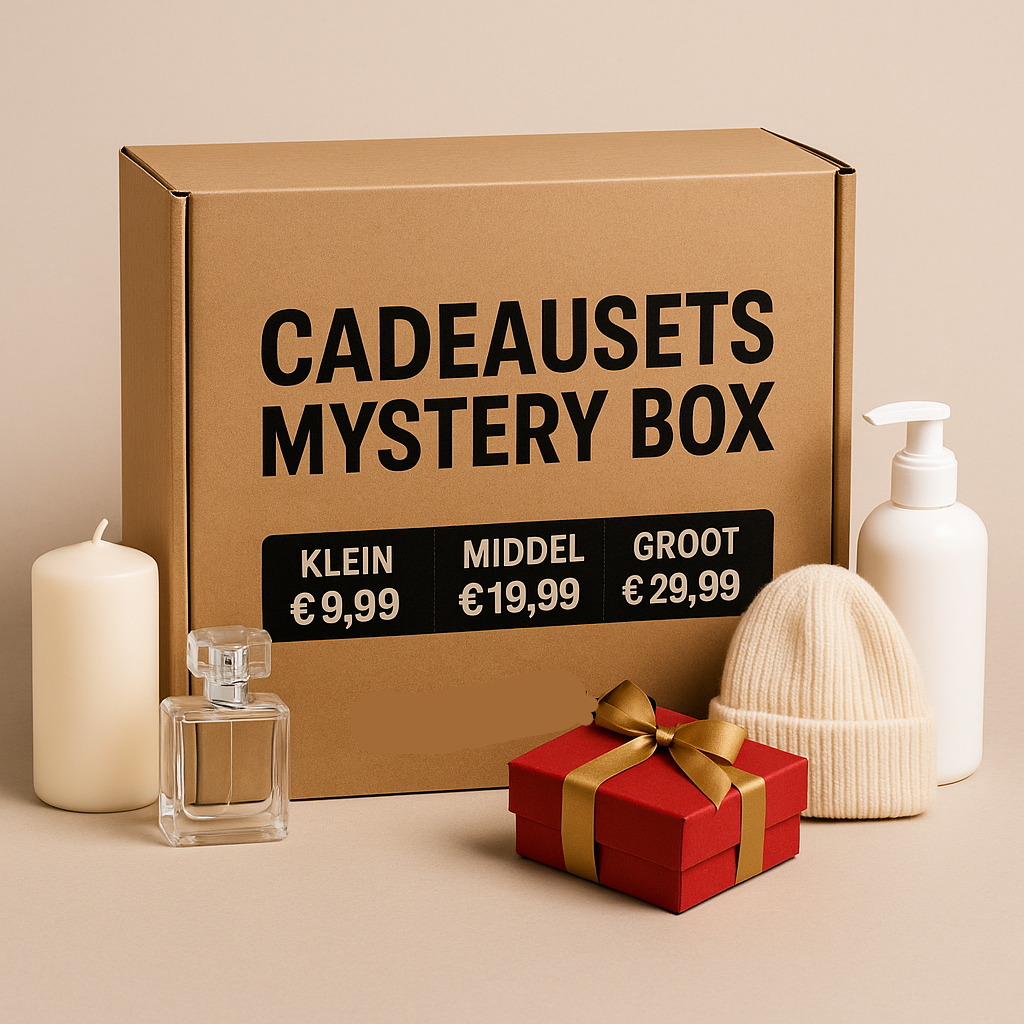 Cadeausets mystery box van PakDieDeals.nl met verzorgingsproducten, cadeaus en accessoires, beschikbaar in klein (€9,99), middel (€19,99) en groot (€29,99).
