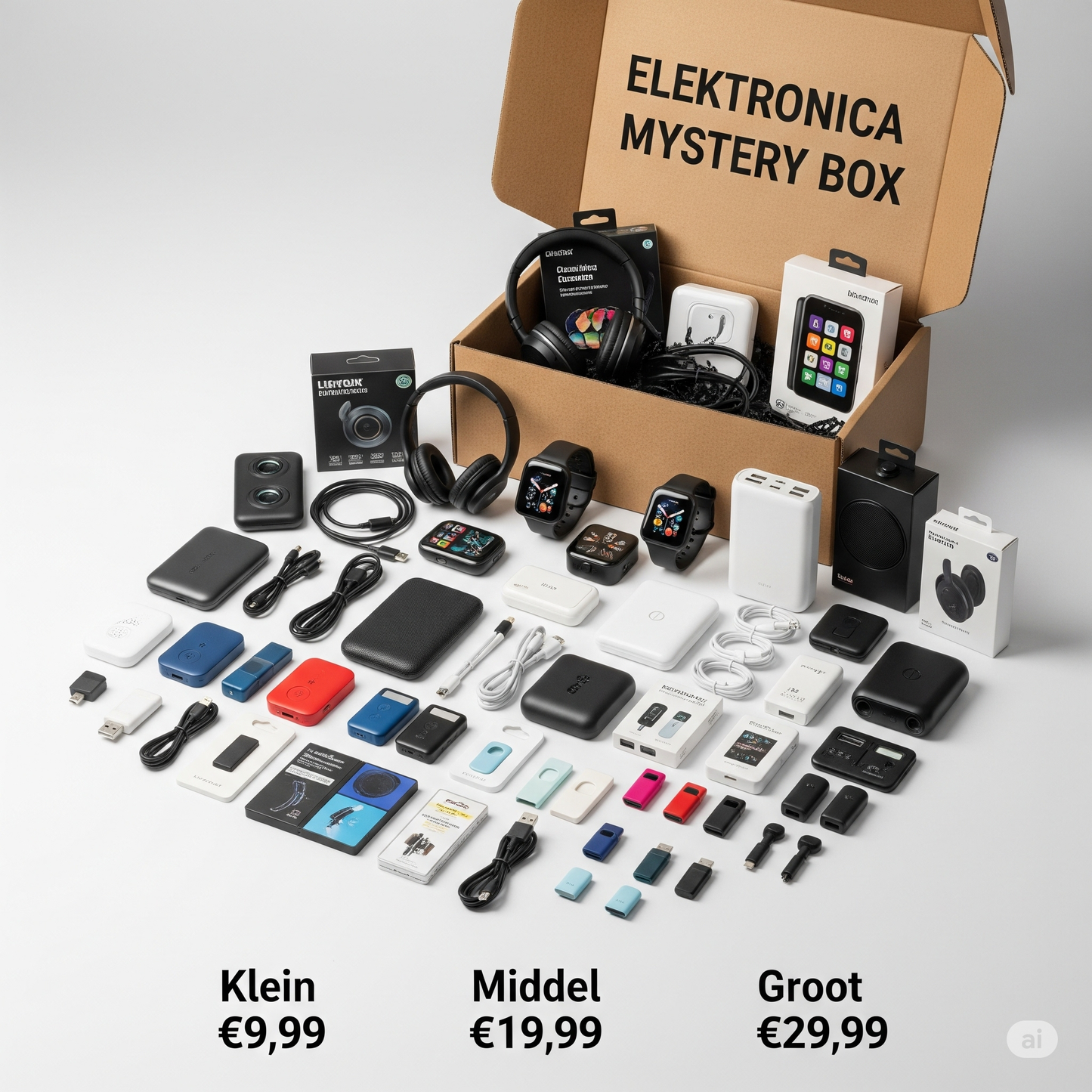 Elektronica mystery box van PakDieDeals.nl met gadgets zoals opladers, koptelefoons, kabels en accessoires, beschikbaar in klein (€9,99), middel (€19,99) en groot (€29,99).