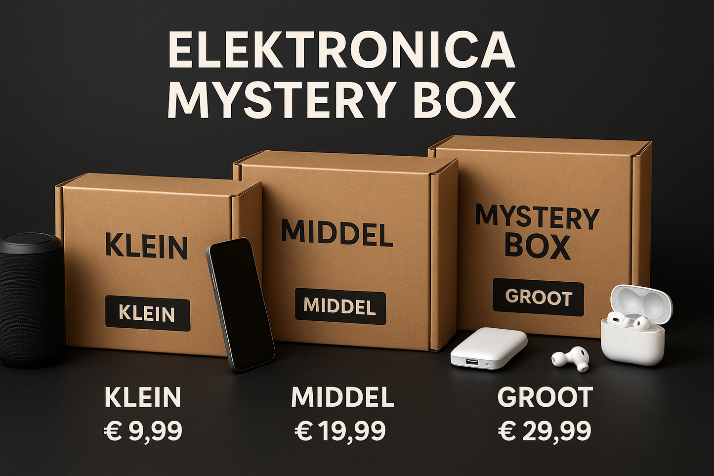 Elektronica mystery box in drie maten van PakDieDeals.nl, met afbeeldingen van dozen en gadgets zoals draadloze oordopjes en een speaker, prijzen vanaf €9,99 voor klein, €19,99 voor middel en €29,99 voor groot.