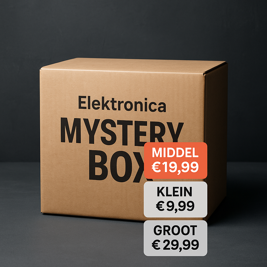 Bruine Elektronica Mystery Box van PakDieDeals.nl met zwart label en prijslabels voor klein €9,99, middel €19,99 en groot €29,99 op een donkere achtergrond.