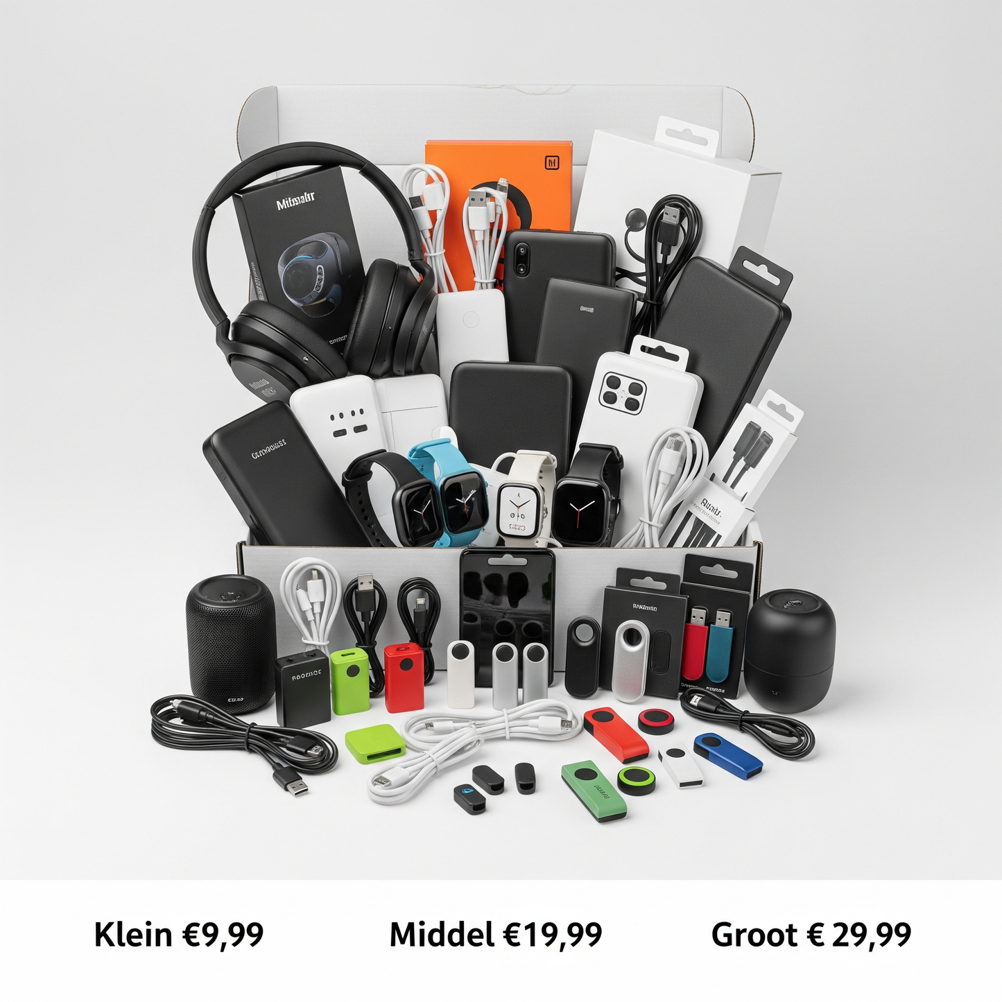 Elektronica Mystery Box van PakDieDeals.nl gevuld met oordopjes, kabels, powerbanks, smartwatches en koptelefoons op een witte achtergrond met prijslabels voor klein €9,99, middel €19,99 en groot €29,99.
