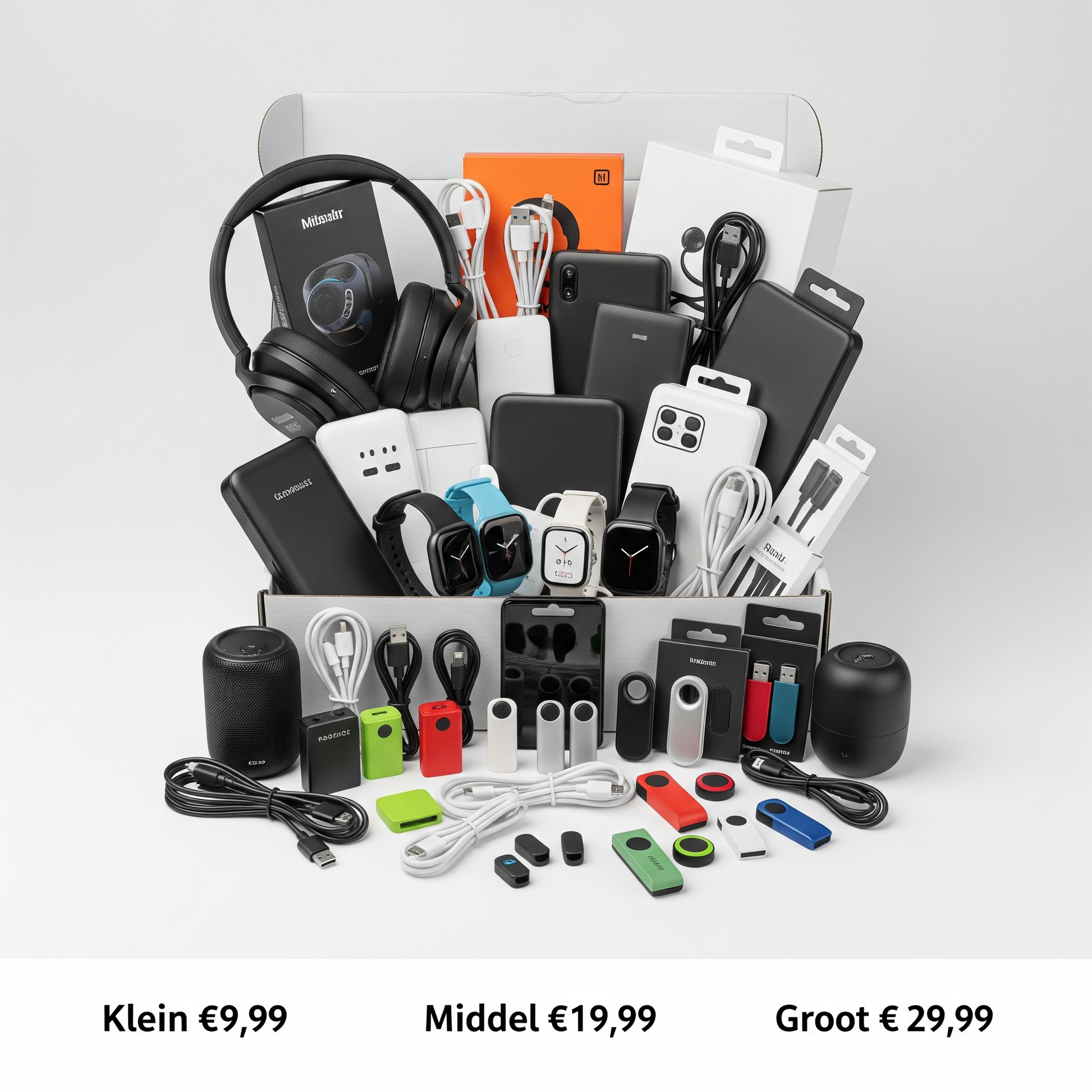 Elektronica Mystery Box van PakDieDeals.nl gevuld met oordopjes, kabels, powerbanks, smartwatches en koptelefoons op een witte achtergrond met prijslabels voor klein €9,99, middel €19,99 en groot €29,99.