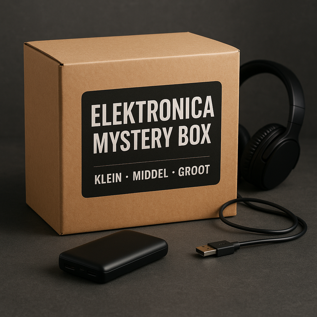 Elektronica Mystery Box van PakDieDeals.nl met een kartonnen doos met zwart label, zwarte draadloze koptelefoon, powerbank en USB-kabel op een donkere achtergrond.