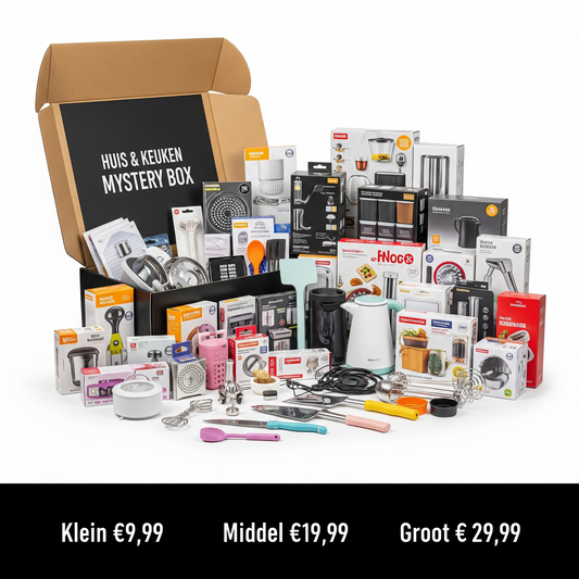Huis en keuken mystery box van PakDieDeals.nl met huishoudelijke artikelen en keukenaccessoires, beschikbaar in klein (€9,99), middel (€19,99) en groot (€29,99).