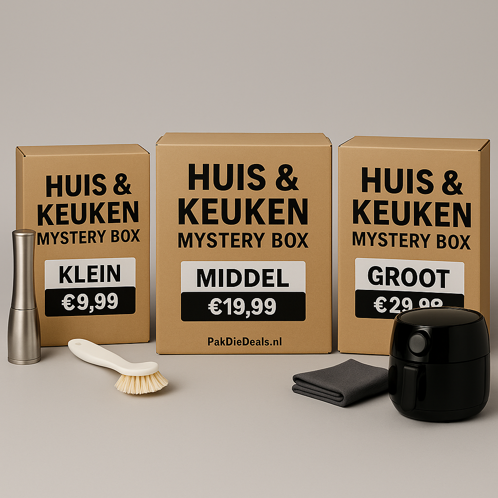 Huis en keuken mystery box van PakDieDeals.nl met handige keukenaccessoires en huishoudelijke producten, verkrijgbaar in klein (€9,99), middel (€19,99) en groot (€29,99).