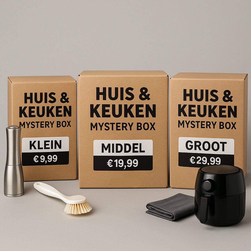 Huis en keuken mystery box van PakDieDeals.nl met huishoudelijke en keukenaccessoires, verkrijgbaar in klein (€9,99), middel (€19,99) en groot (€29,99).