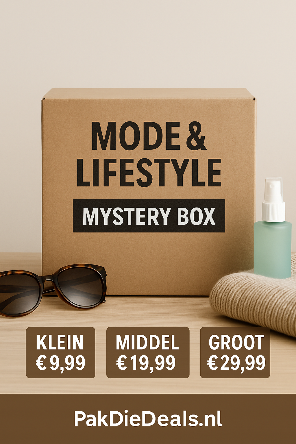 Mode & Lifestyle mystery box van PakDieDeals.nl met zonnebril en verzorgingsproducten, verkrijgbaar in klein (€9,99), middel (€19,99) en groot (€29,99).