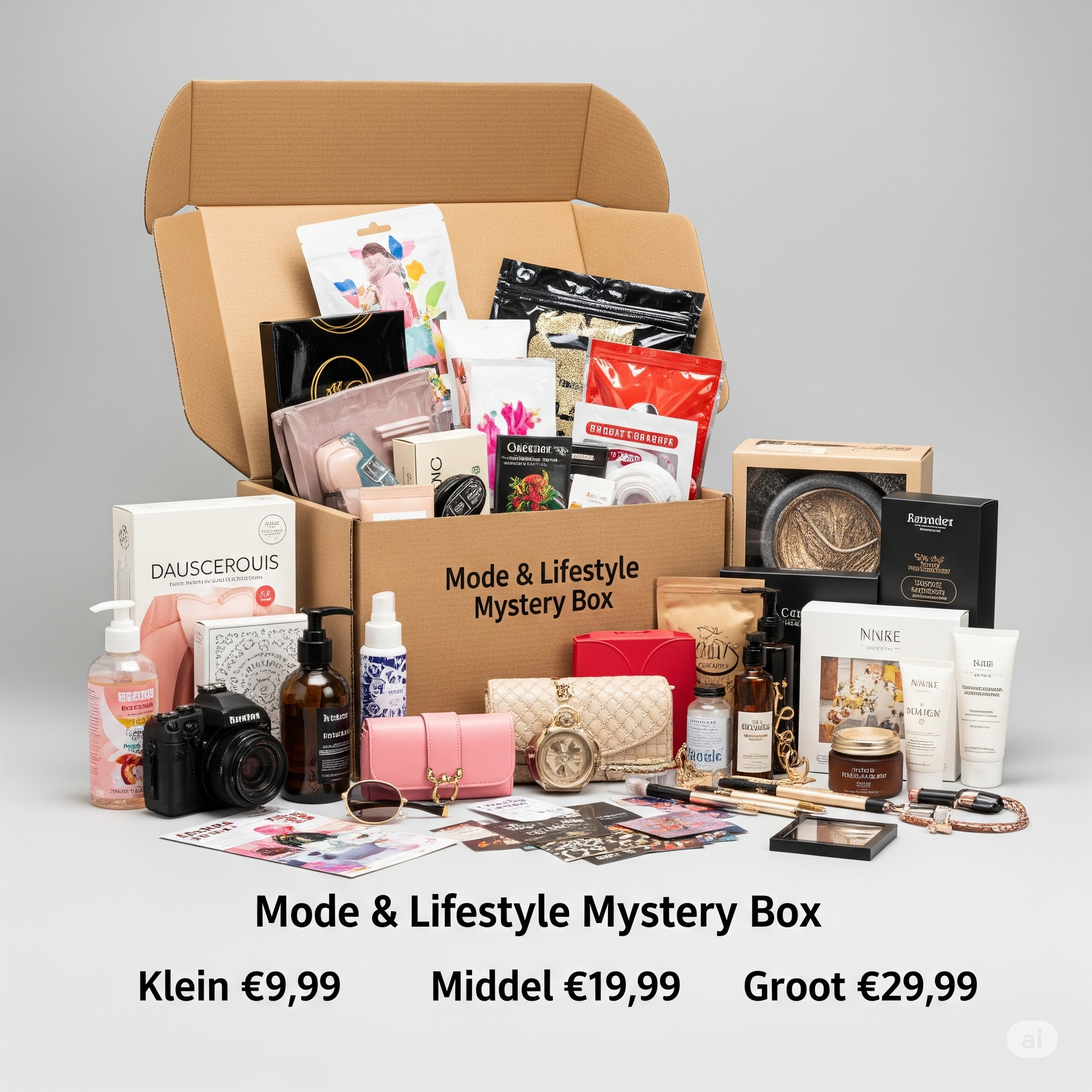 Mode & Lifestyle mystery box van PakDieDeals.nl in klein (€9,99), middel (€19,99) en groot (€29,99) formaat, gevuld met verzorgingsproducten, accessoires en gadgets.