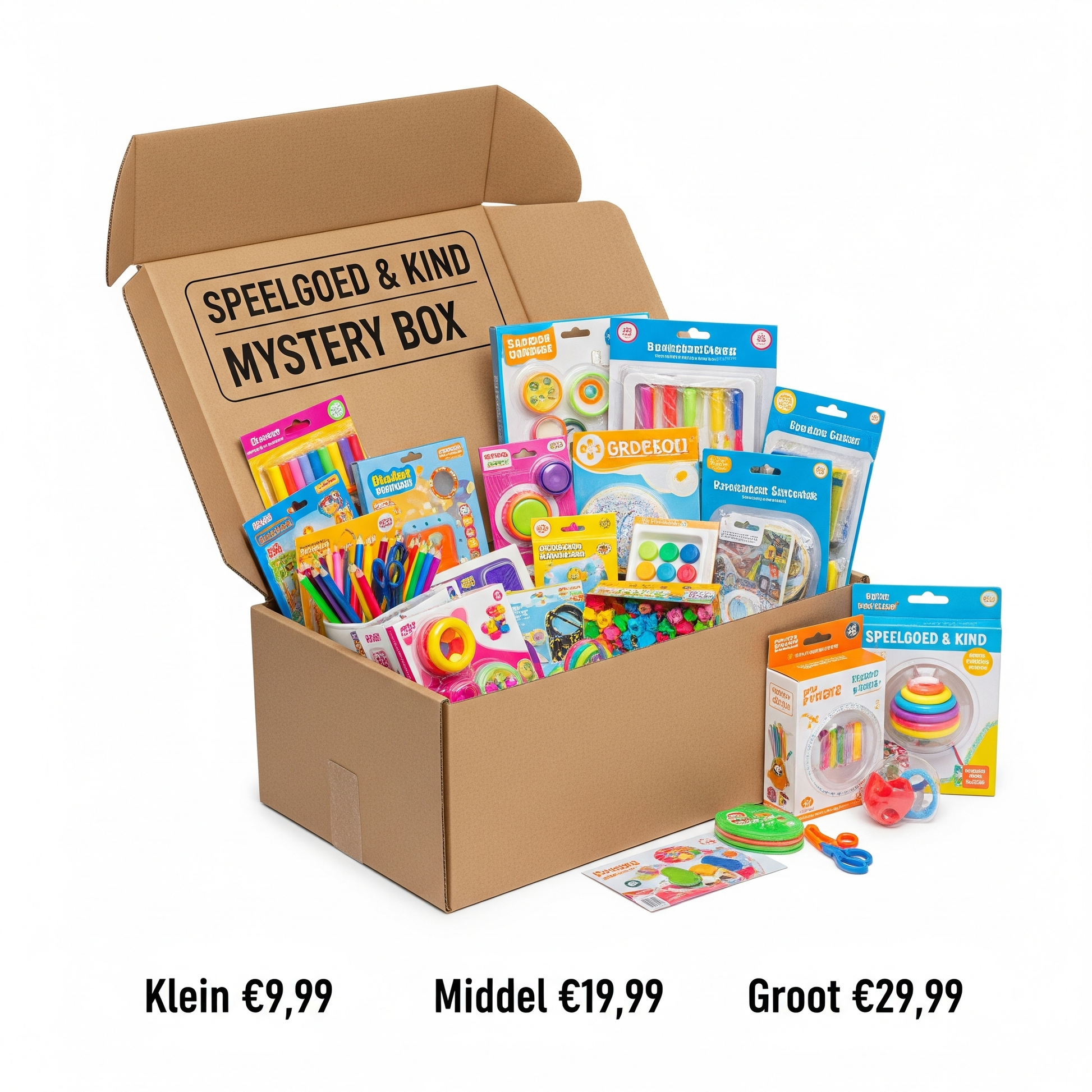 Speelgoed & Kind mystery box met diverse kinderproducten, knutselspullen en speelgoed, verkrijgbaar in klein (€9,99), middel (€19,99) en groot (€29,99) bij PakDieDeals.nl.