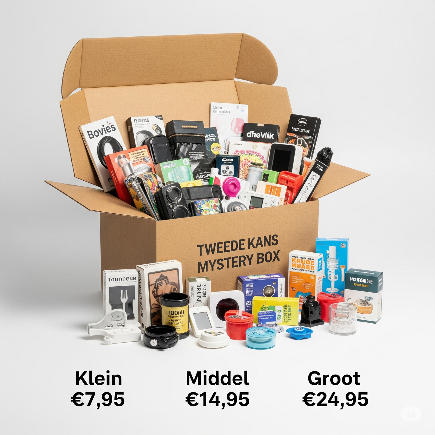 Grote open kartonnen doos gevuld met diverse producten zoals elektronica en verzorgingsartikelen, met de tekst 'Tweede Kans Mystery Box'. Onder de doos staan drie opties: Klein €7,95, Middel €14,95 en Groot €24,95.