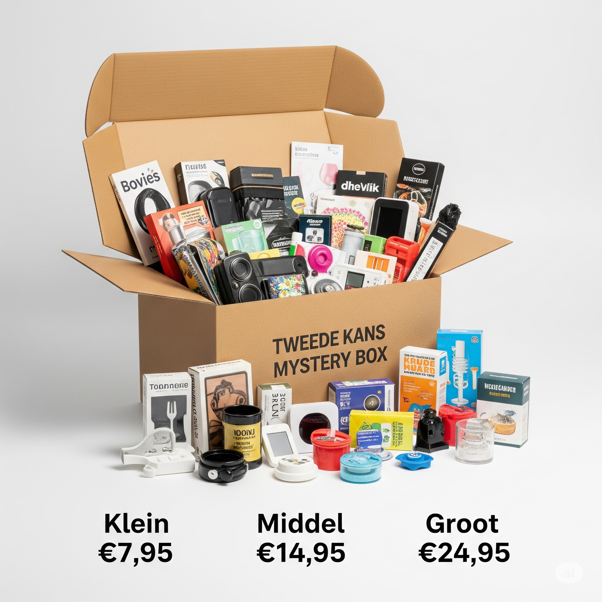 Grote open kartonnen doos gevuld met diverse producten zoals elektronica en verzorgingsartikelen, met de tekst 'Tweede Kans Mystery Box'. Onder de doos staan drie opties: Klein €7,95, Middel €14,95 en Groot €24,95.
