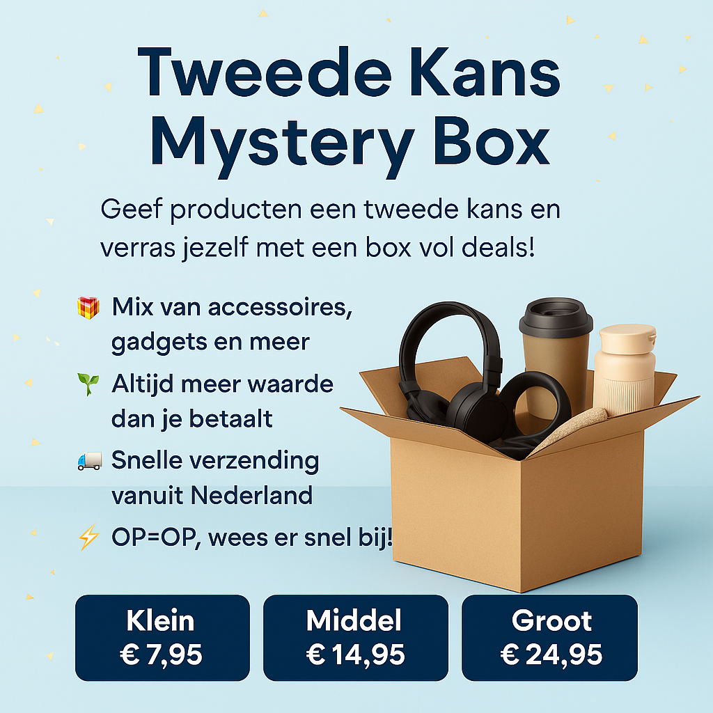 Promotieafbeelding van PakDieDeal met tekst 'Tweede Kans Mystery Box' en een open doos gevuld met accessoires en gadgets zoals koptelefoons en mokken. Er staat dat de box een mix van accessoires bevat, altijd meer waarde biedt dan je betaalt en snel verzonden wordt vanuit Nederland. Onderin staan de prijzen voor klein (€7,95), middel (€14,95) en groot (€24,95).